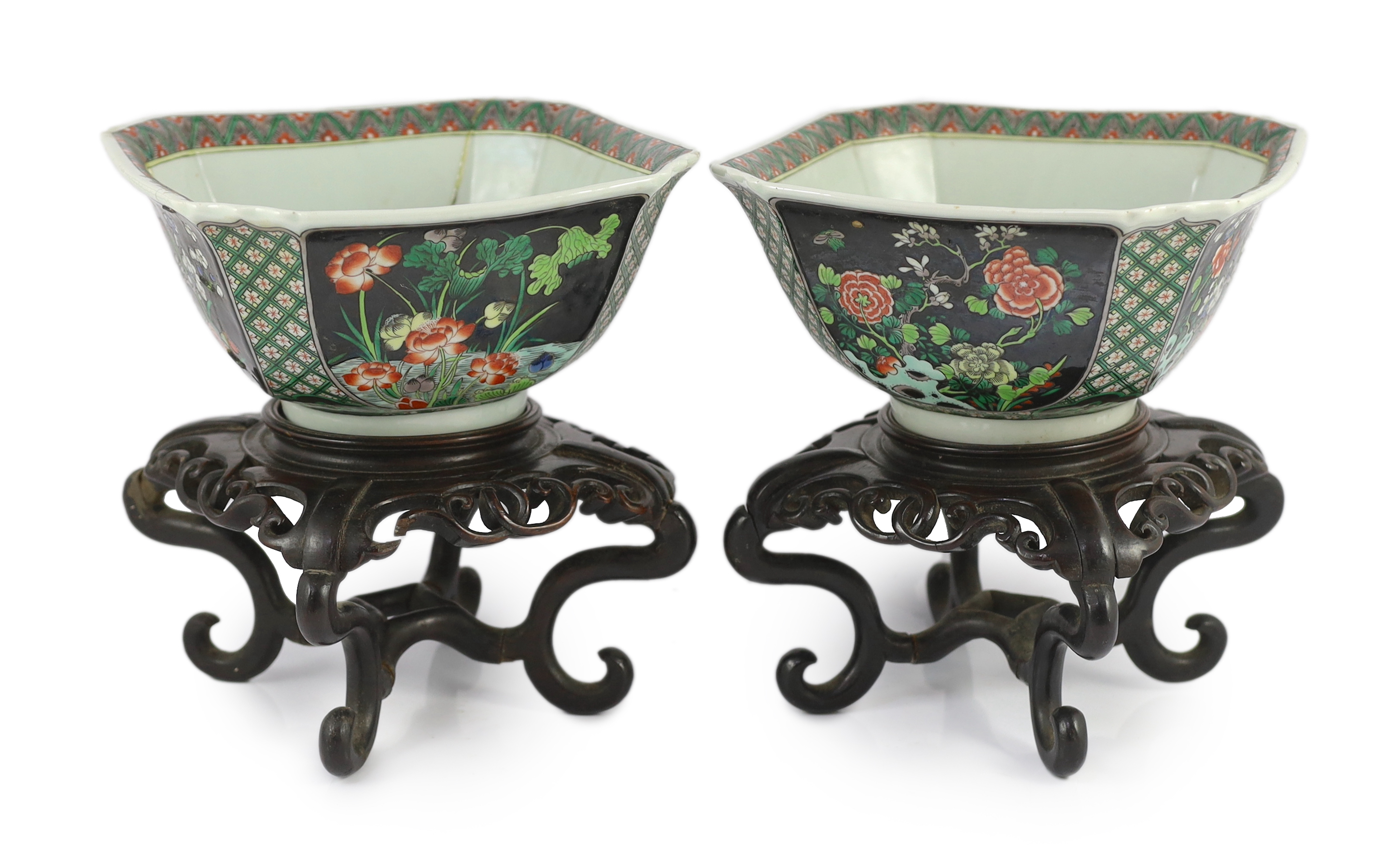 A pair of Chinese famille noire square bowls, late 19th century, one bowl broken and glued, both stands glued